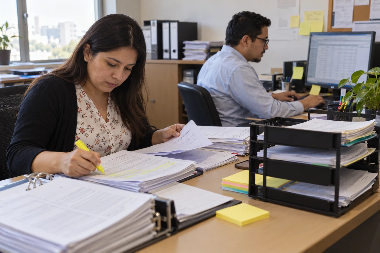 Equipo transcribiendo información y revisando aprobaciones en papel