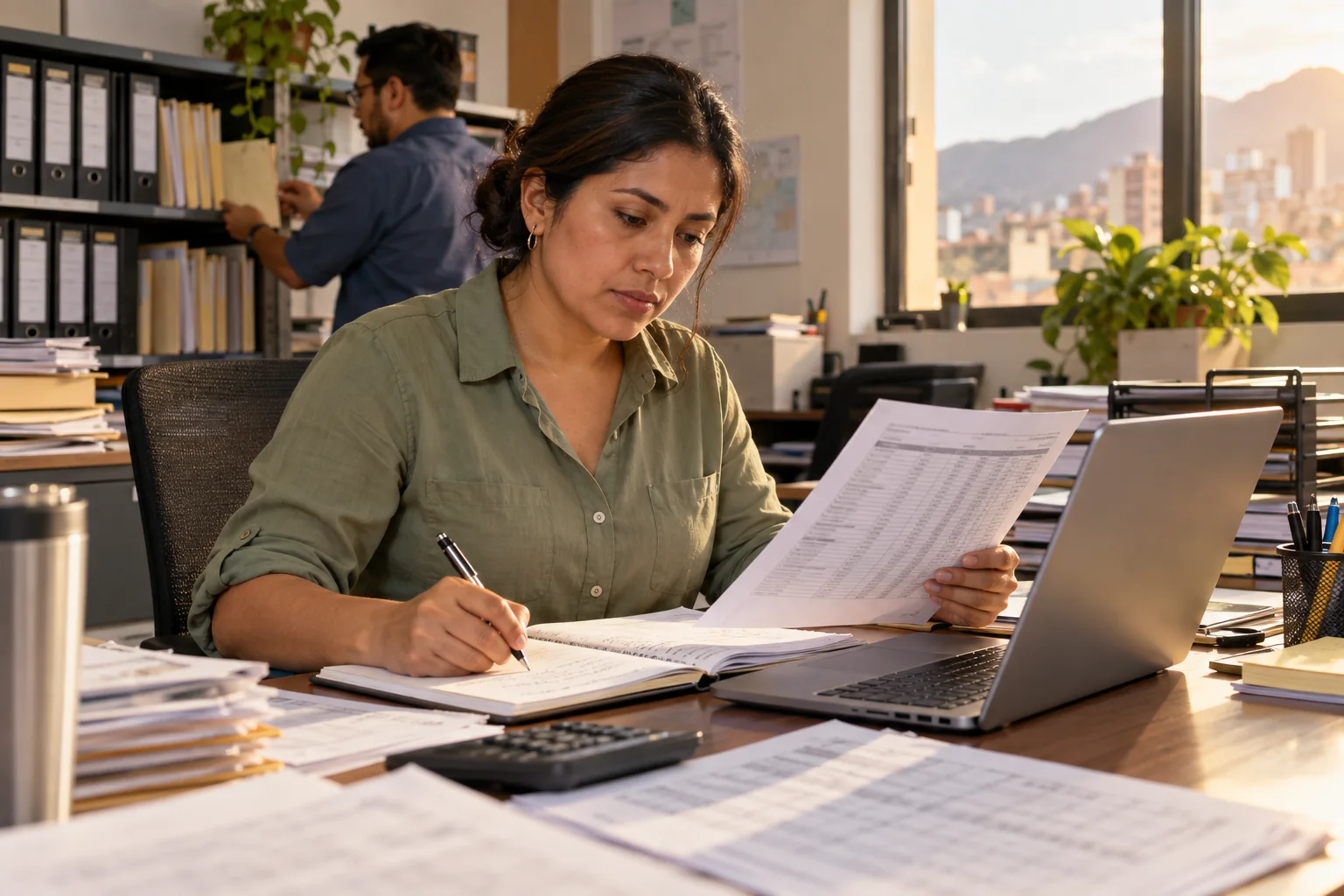 Responsable cotejando inventarios impresos y tomando notas