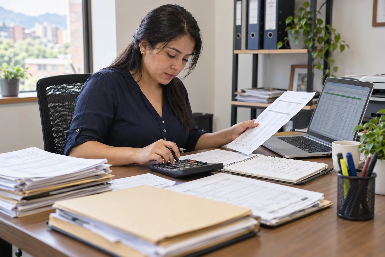 Administrativa cotejando pedidos en papel con una hoja de cálculo y una calculadora